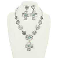 WESTERN TURQUOISE CONCHO CROSS NECKLACE SET